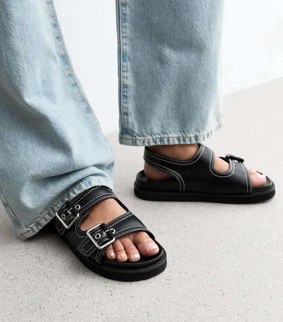 Women's Black Contrast Stitch Faux Leather Sandals Vegan