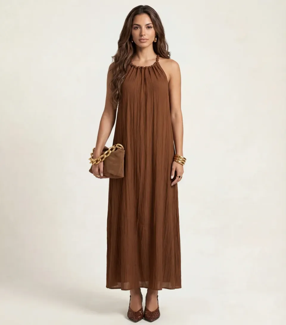 Women's Tan Braided Neck Trim Maxi Dress