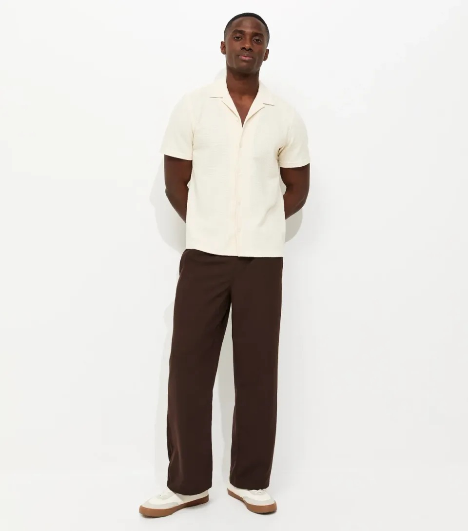 Men's Dark Brown Relaxed Linen Look Wide Leg Trousers