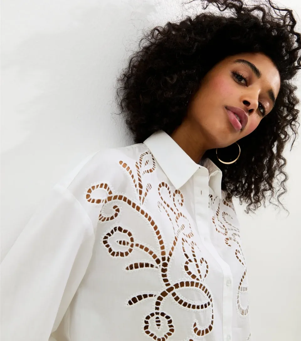 Women's Off White Poplin Lace Embroidered Shirt