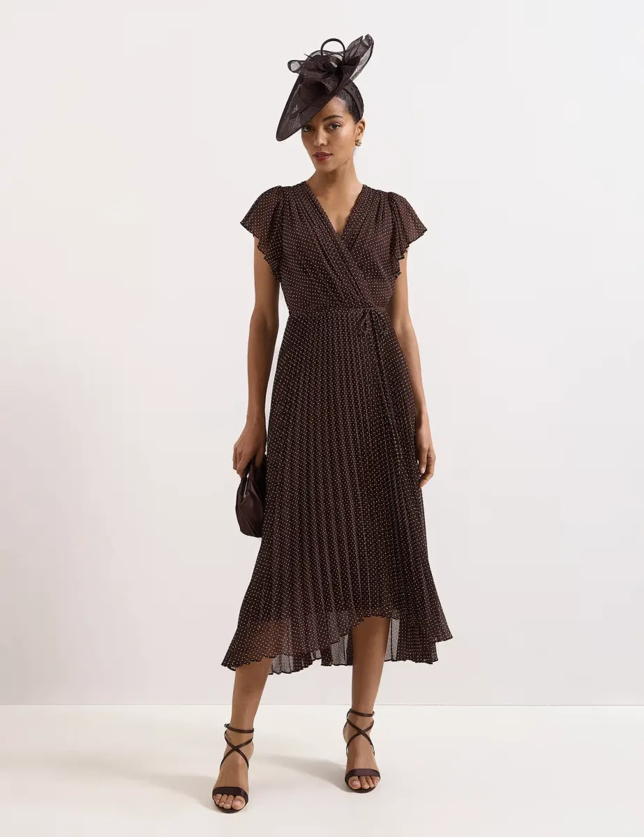 Polka Dot V-Neck Midi Skater Dress Brown Mix