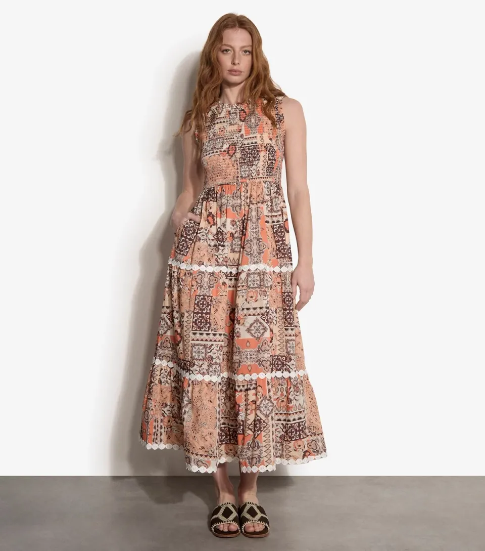 Women's Orange Cotton Floral Sleeveless Midi Dress