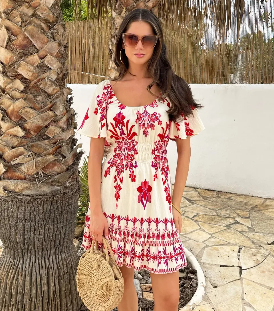 Women's Pink Frill Hem Shirred Mini Dress