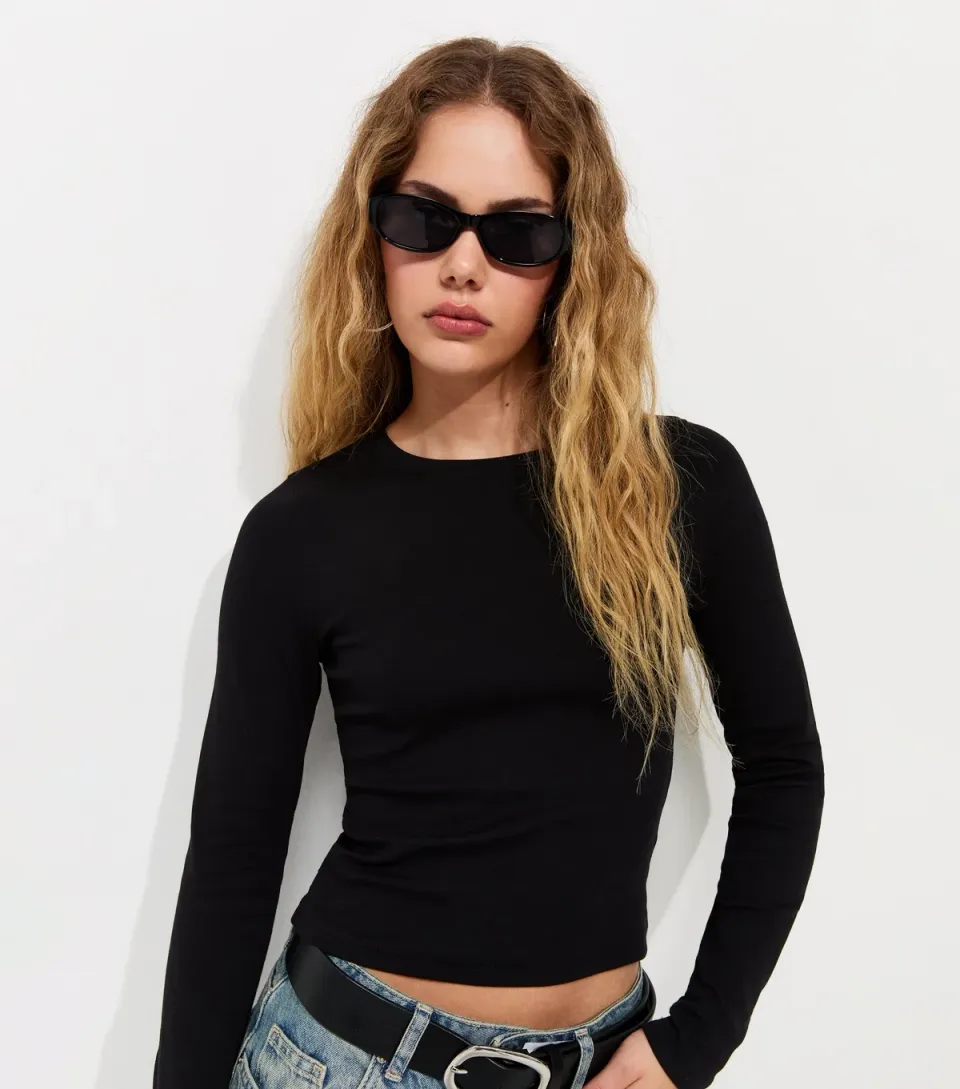 Women's Black Cotton Rich Long Sleeve Baby Tee T-Shirt