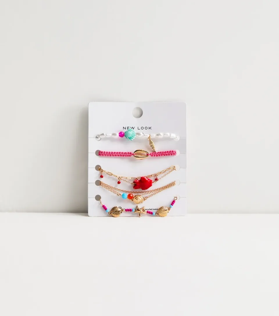 Pack of 8 Gold Tone Beaded Shell Bracelets