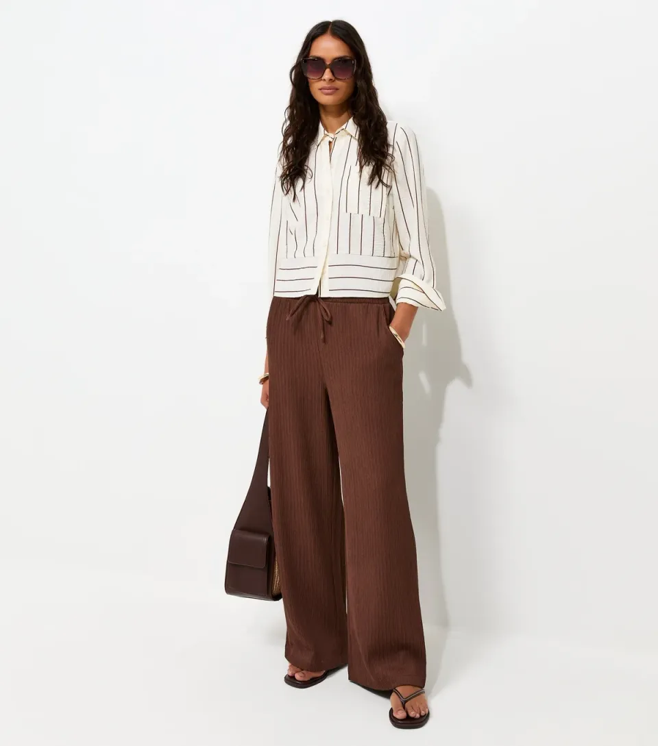 Women's Dark Brown Ribbed Texture Wide Leg Trousers