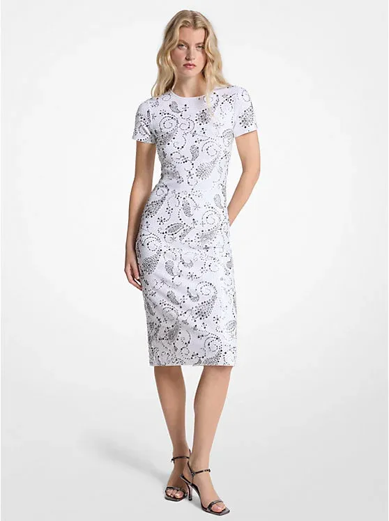Studded Paisley Scuba Midi Dress