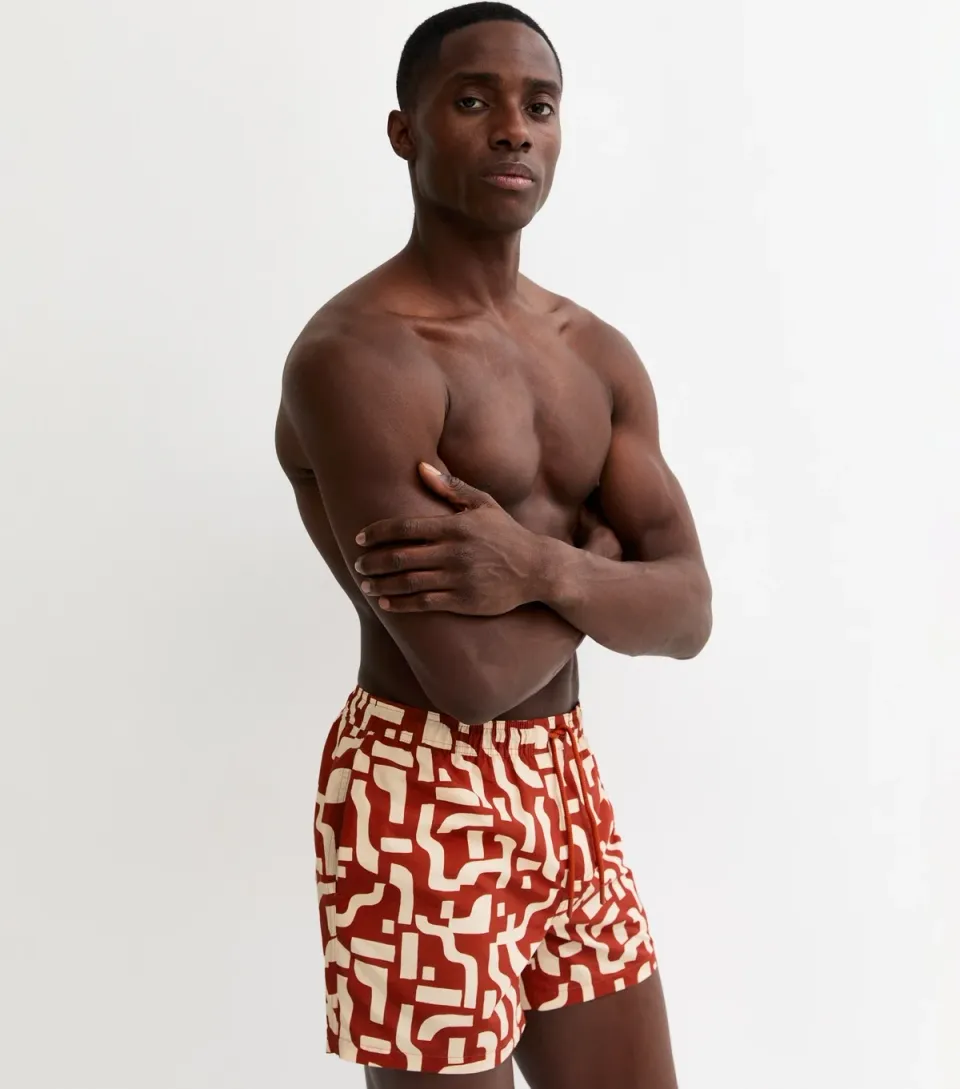 Men's Red Regular Geometric Print Swim Shorts