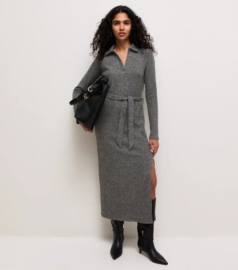 Women's Dark Grey Knitted Long Sleeve Midi Dress