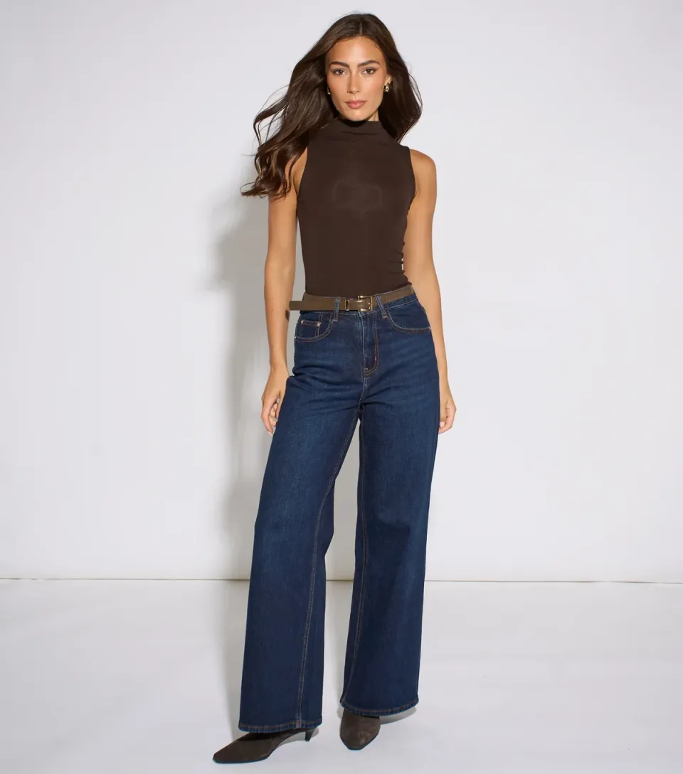 Women's Dark Blue Midi Rise Wide Leg Jeans