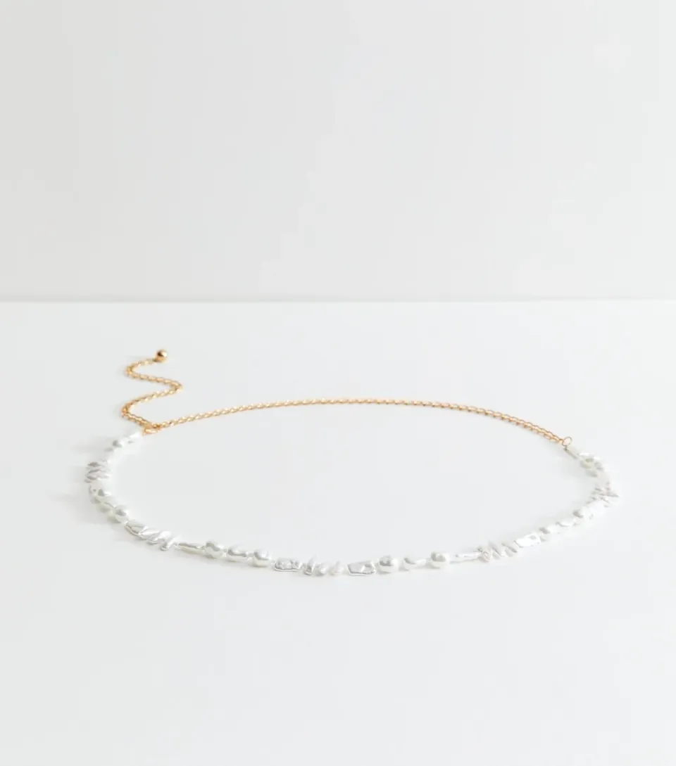 White Faux Pearl Chain Belt