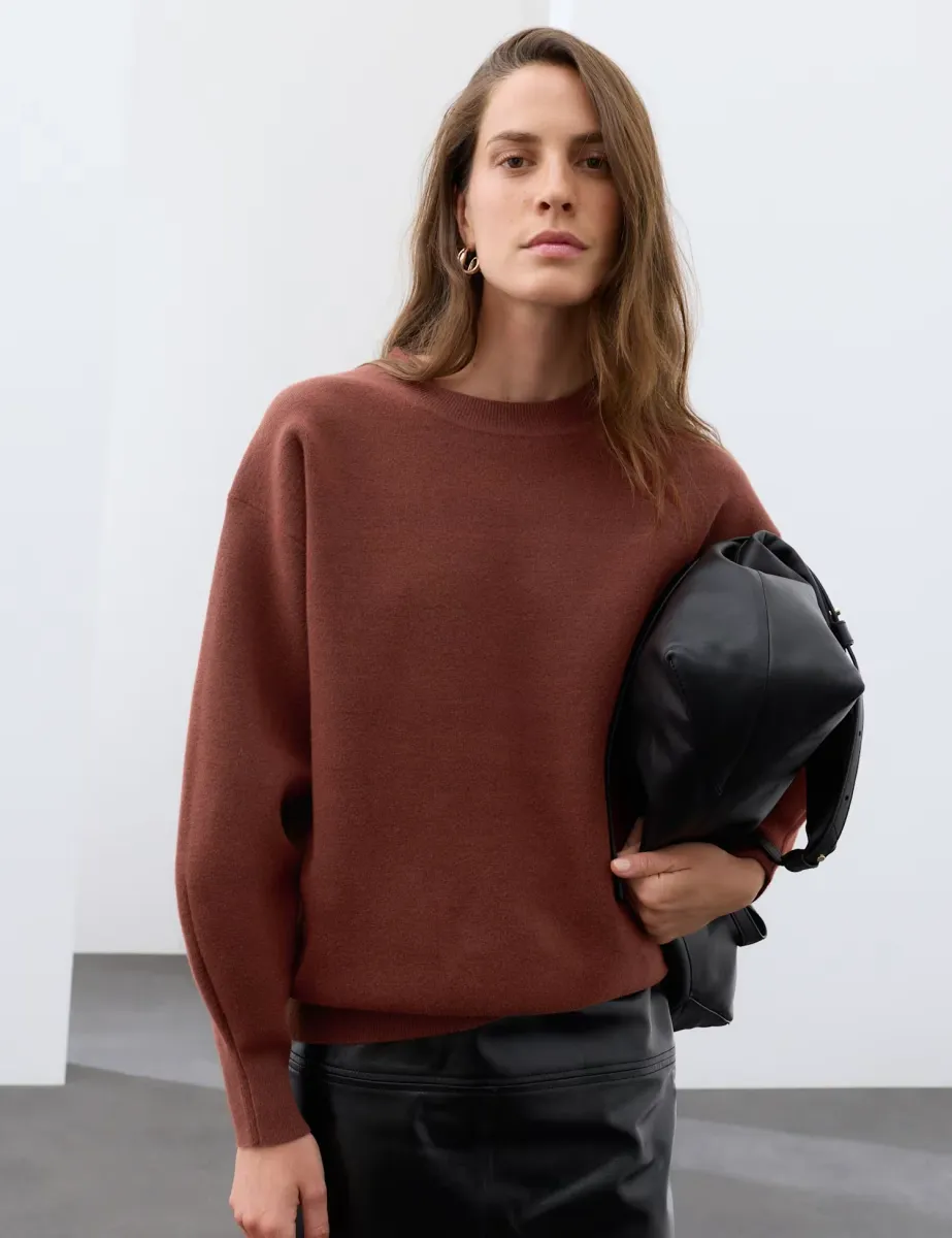 Cotton Blend Crew Neck Blouson Sleeve Jumper