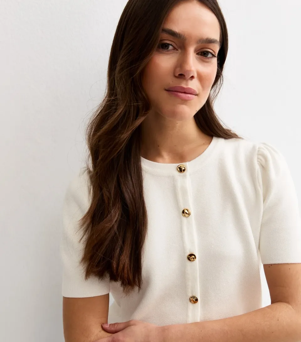 Women's Petite Cream Lightweight Knit Short Sleeve Cardigan