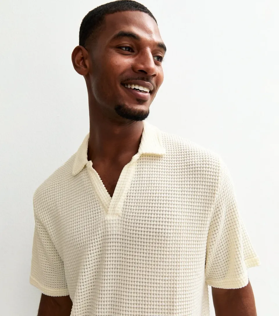 Men's Cream Open Knit Resort Polo Shirt