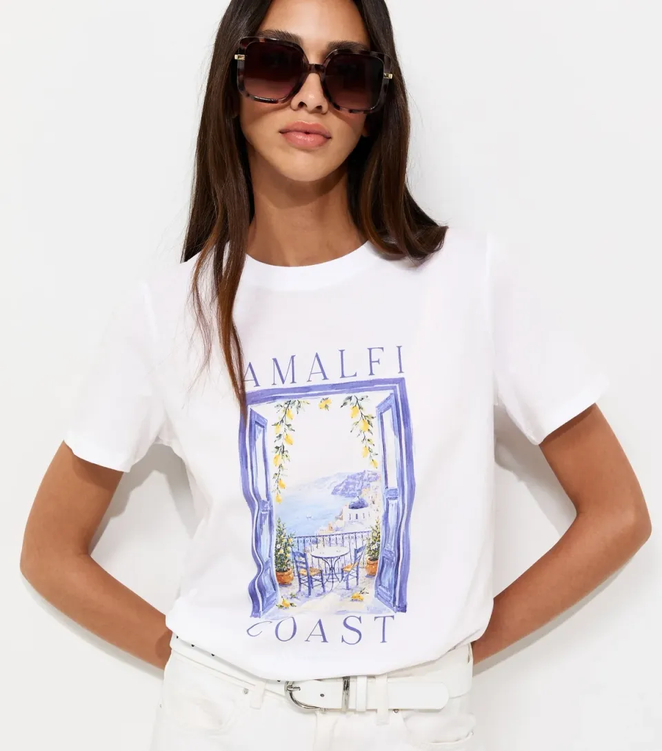Women's White Cotton Amalfi Coast Print Relaxed Fit T-Shirt