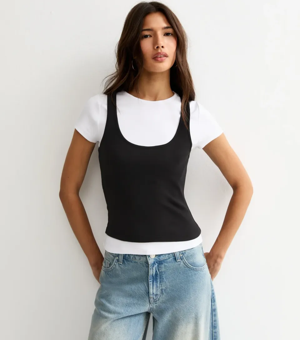 Women's Black Jersey 2-In-1 Vest Baby Tee T-Shirt