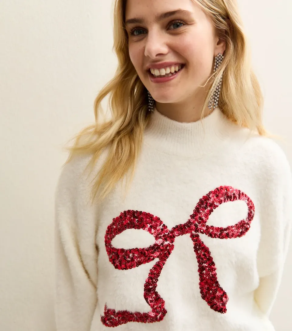 Women's White Fluffy Sequin Bow Jumper