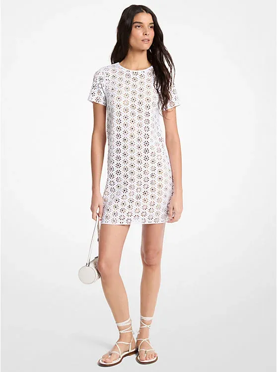 Mirror-Embellished Floral Laser-Cut Scuba Dress