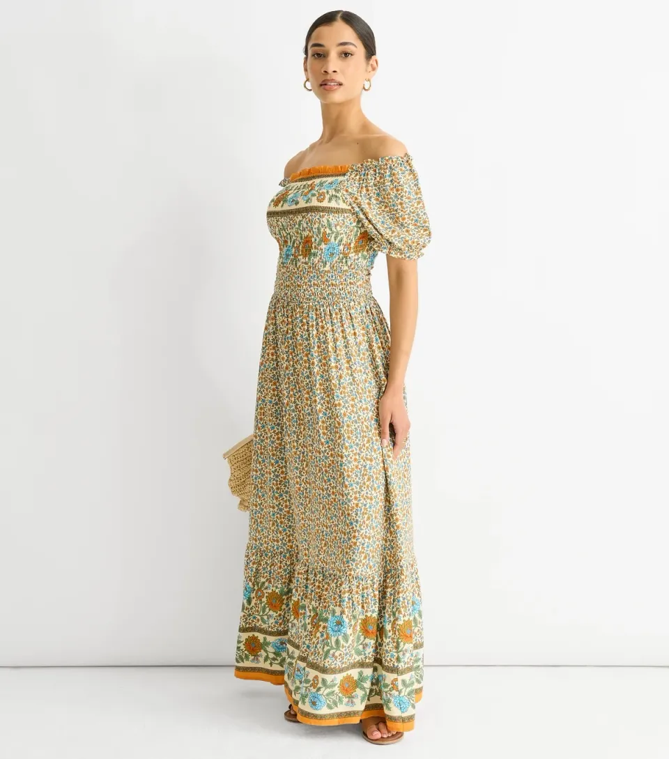 Women's Cream Floral Print Off The Shoulder Maxi Dress