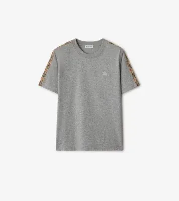 Check Trim Cotton T-shirt in Pale grey melange