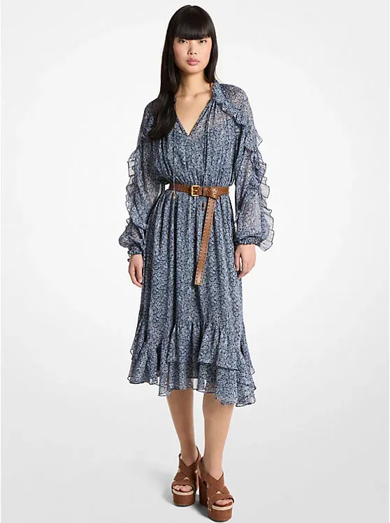 Ruffled Metallic Floral Print Georgette Midi Dress