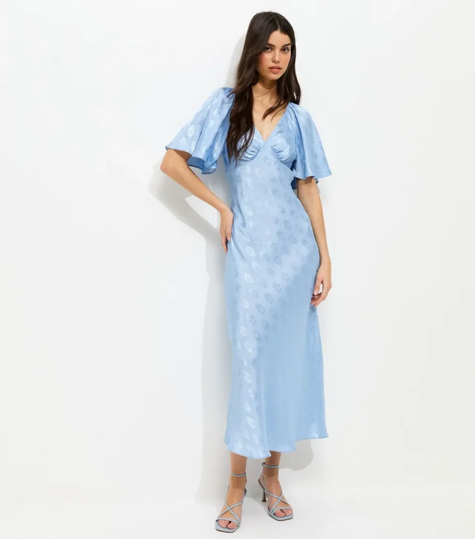 Women's Pink Paisley Pattern Jacquard Flutter Sleeve Midi Dress