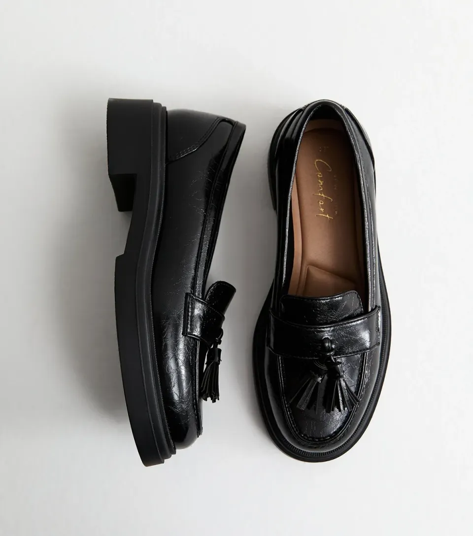 Women's Black Faux Leather Chunky Sole Tassel Loafers Vegan
