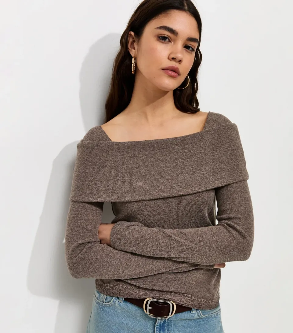 Women's Oatmeal Soft Touch Lace Hem Bardot Top