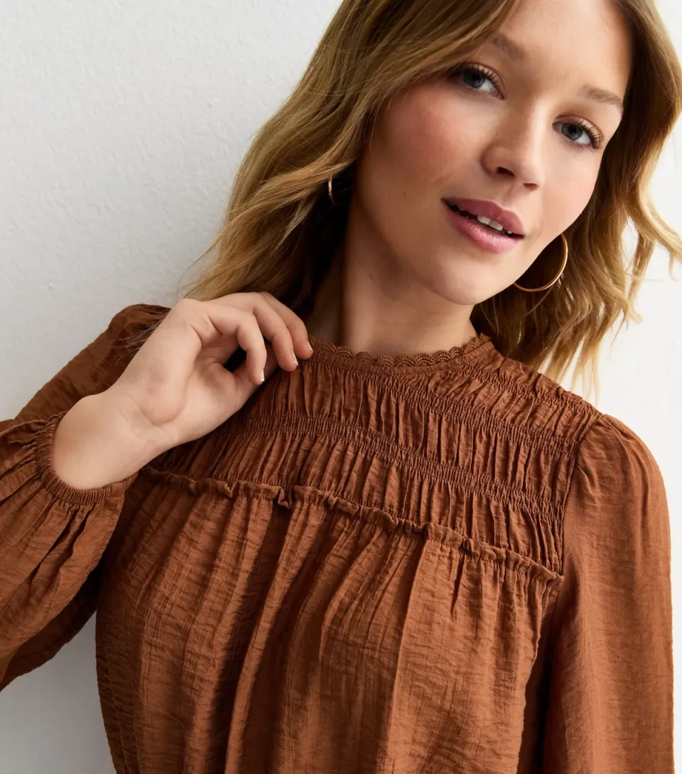 Women's Dark Brown Shirred Crew Neck Blouse