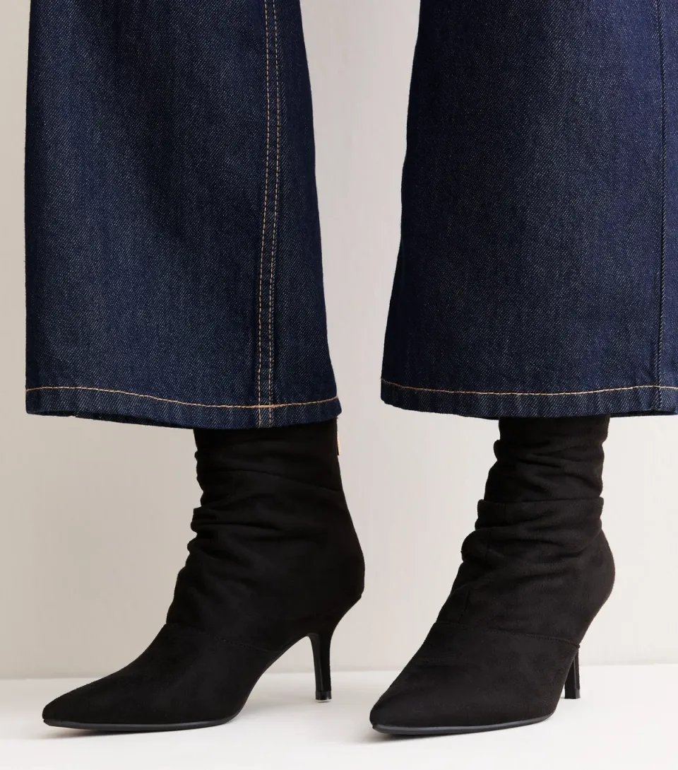 Women's Wide Fit Black Faux Suede Ruched Stiletto Heeled Ankle Boot Vegan
