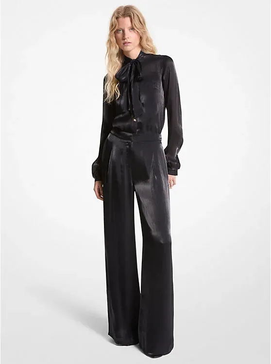 Metallic Crinkled Double Georgette Wide-Leg Trousers