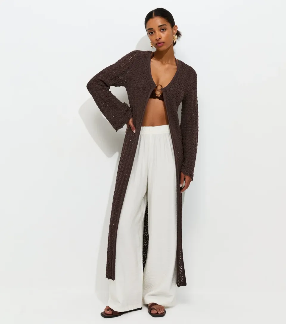 Women's Dark Brown Pointelle Longline Cardigan