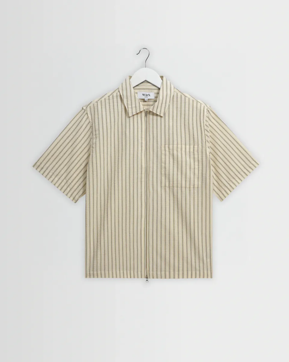 Sears - Natural and Navy Stripe Seersucker Zip Short-Sleeve Shirt