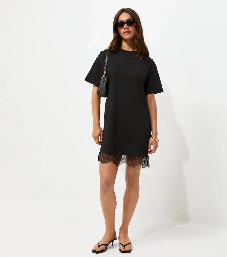 Women's Petite Black Cotton Lace Trim T Shirt Mini Dress