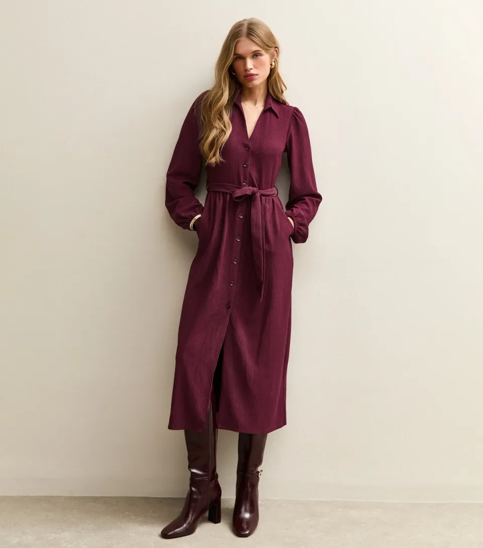 Women's Burgundy Crinkled Shirt Dress