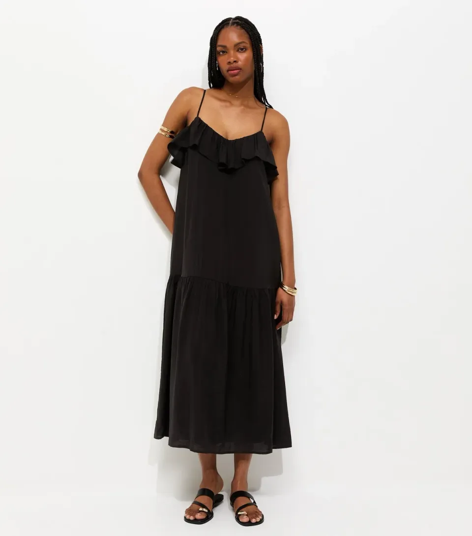 Women's Black Ruffle Trim Cami Midi Dress