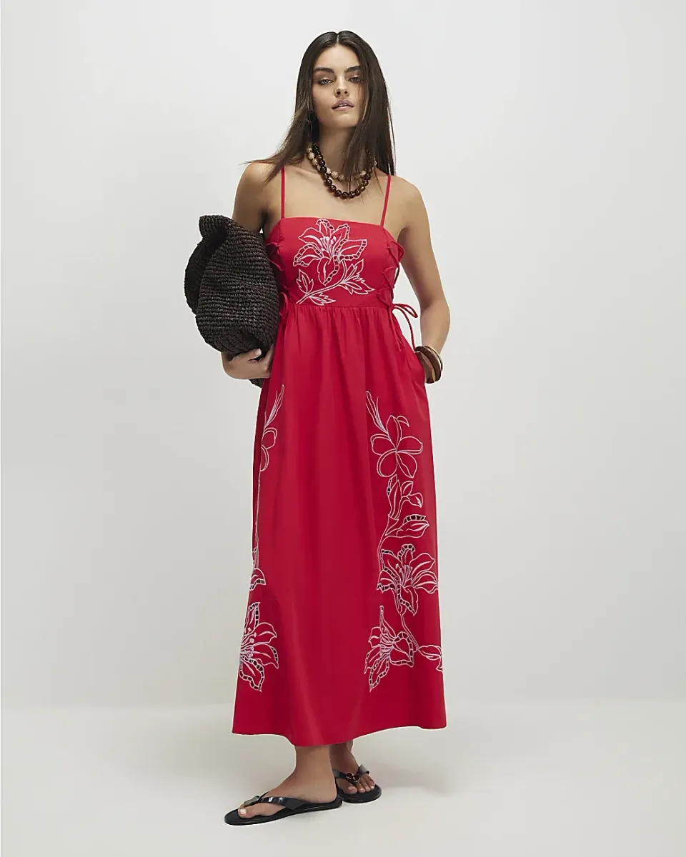 Cotton Broderie Tie Side Midi Dress
