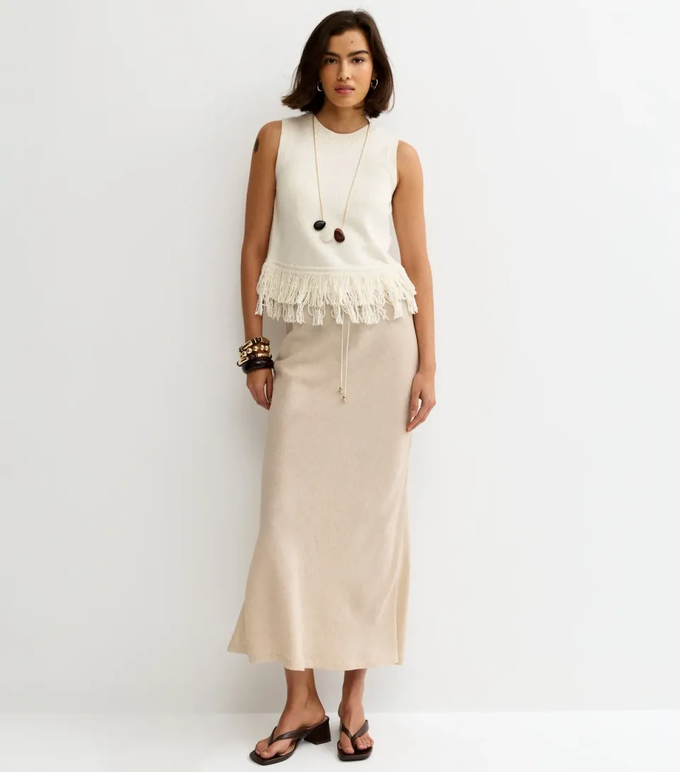 Women's Stone Linen Look Bias Cut Midi Skirt
