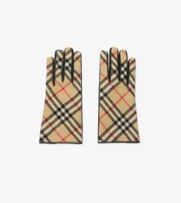Check Wool Cashmere Gloves in Sand beige