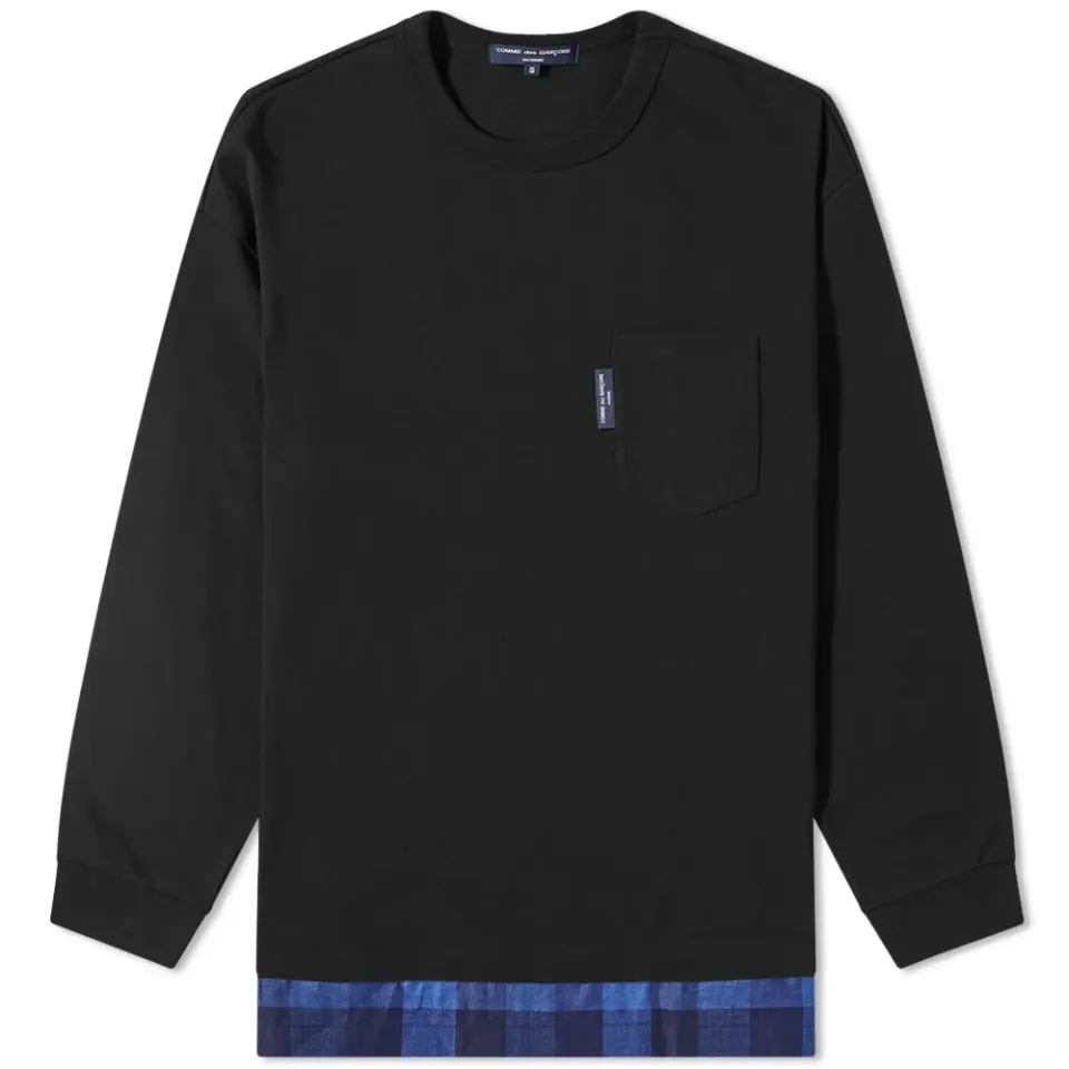Checked Hem Long Sleeve Pocket T-Shirt