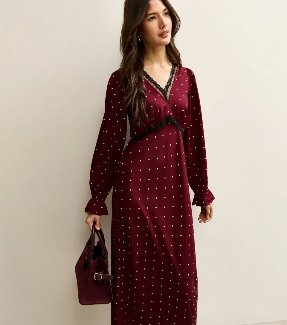 Women's Red Polka Dot Lace Neck Midi Dress