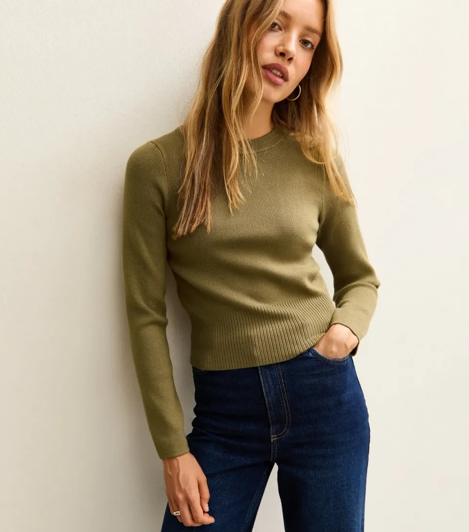 Women's Green Ribbed Knit Crew Neck Jumper