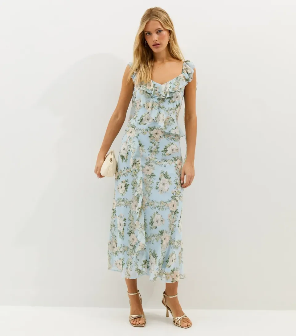 Women's Light Blue Floral Chiffon Ruffle Midi Dress