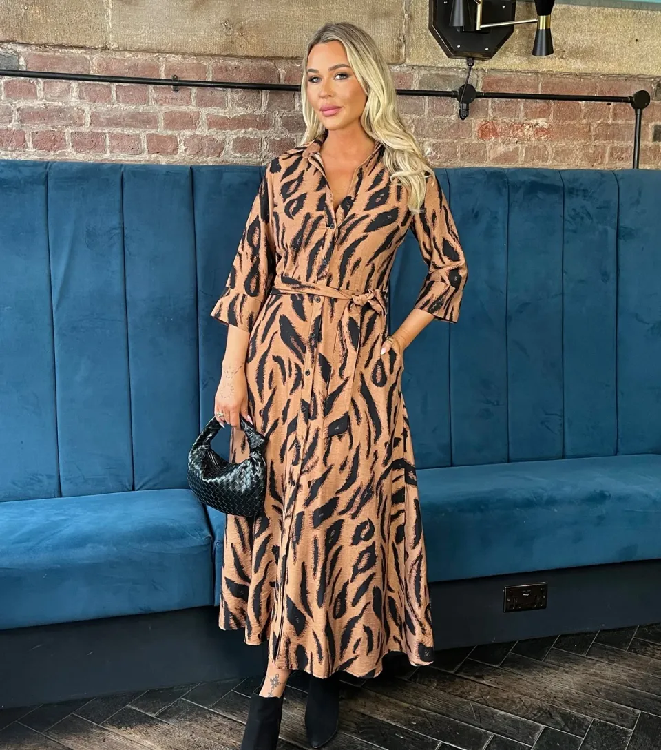 Women's Brown Animal Print Shirt Midi Dress