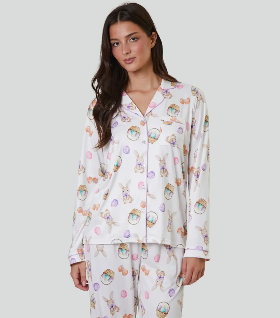 Women's White Easter Bunny Print Long Sleeve Shirt and Trouser Pyjama Set