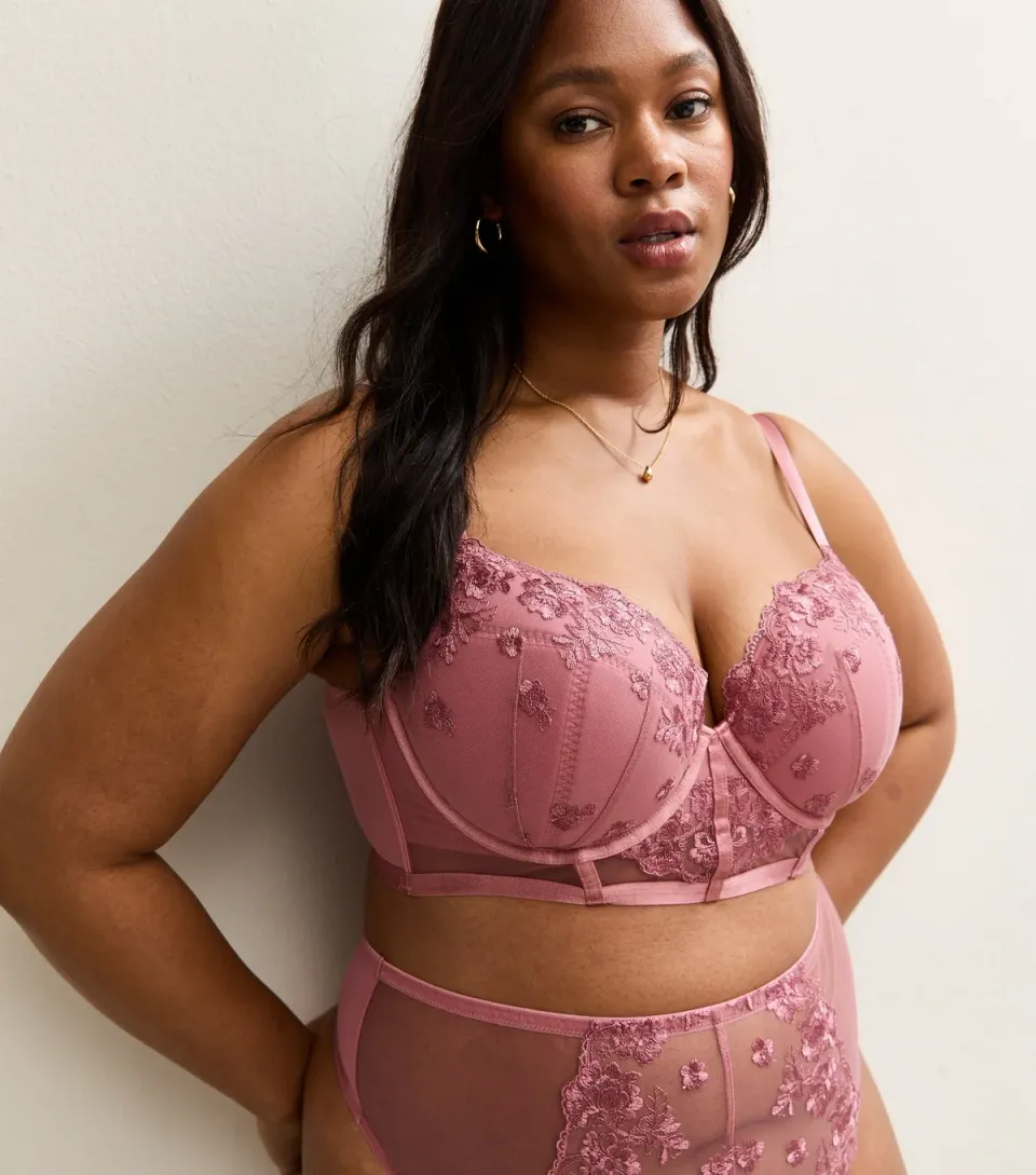 Women's Plus Size Pink Floral Embroidered Lace Plunge Bra Curves