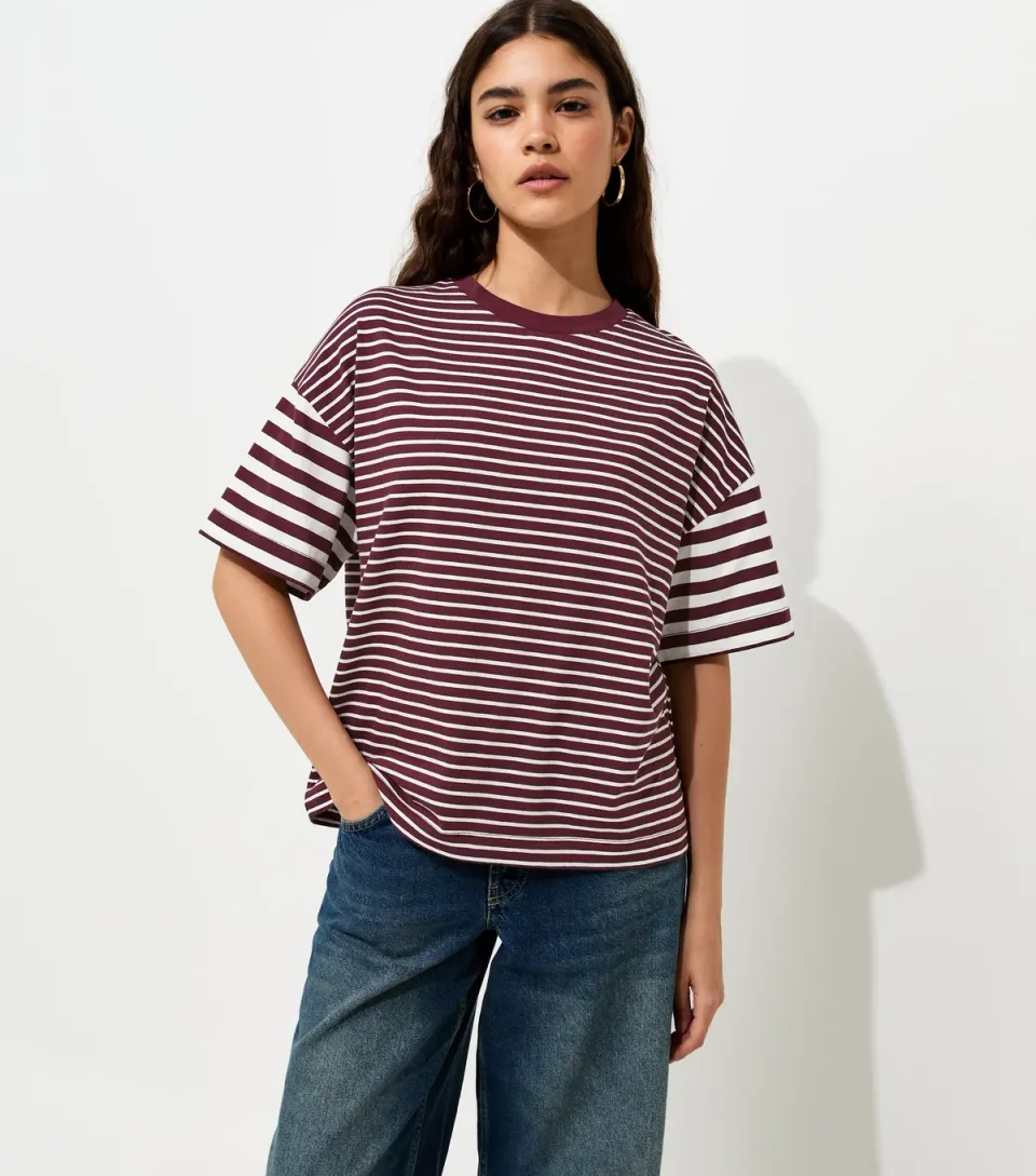 Women's Burgundy Cotton Striped Oversized T-Shirt