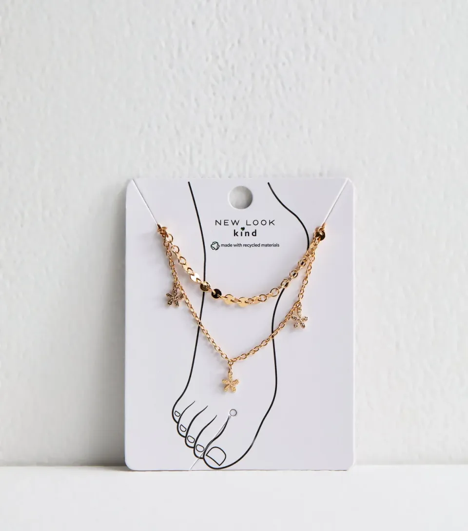 Pack of 2 Gold Tone Flower and Disc Chain Anklets