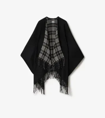 Reversible Check Wool Cape in Black/calico beige