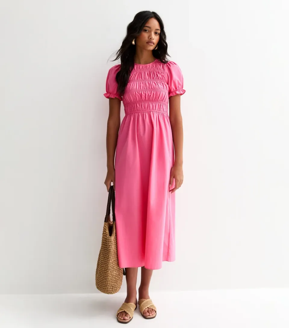Women's Bright Pink Shirred Poplin Midi Dress